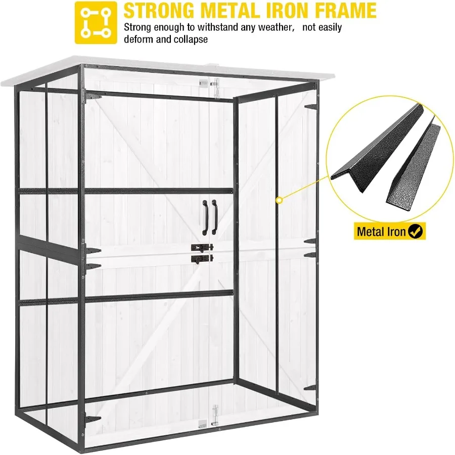 Outdoor storage shed with all-around metal frame, wooden floor, adjustable shelves, 55 L x 29 W x 67 H, off-white
