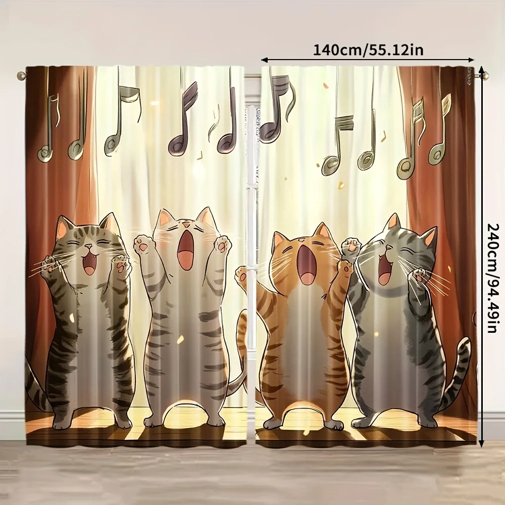 2pc funny singing cat window curtain with cartoon cats performing on stage and musical notes for living room decor playful style
