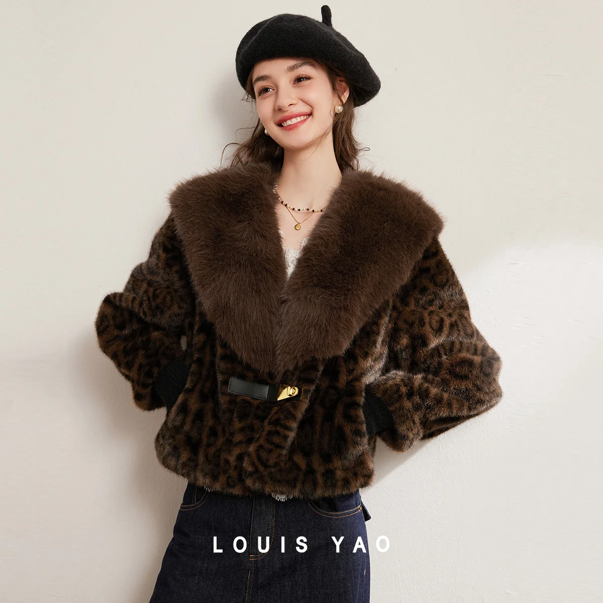 LOUIS YAO V Neck Leopard Print Faux Fur Women's Coat 2026 Winter Fashion Plush Elegant Light Luxury Eco Friendly Warm Overcoat