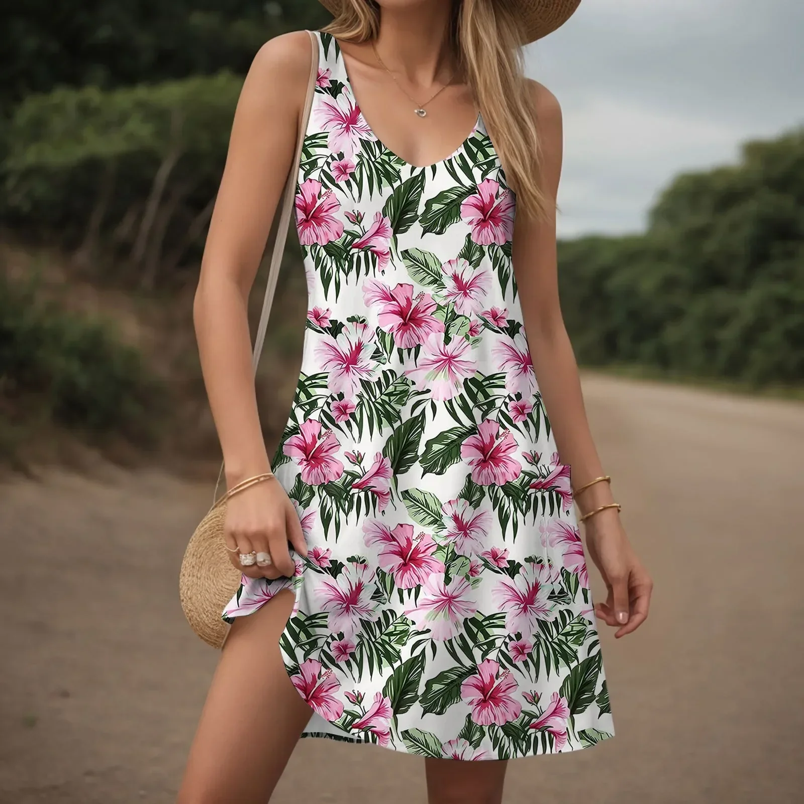 Vestido de vacaciones con estampado Floral para mujer, ropa diaria para cubrir la playa, vestido de fiesta informal sin mangas a la moda, ropa holgada y cómoda para mujer