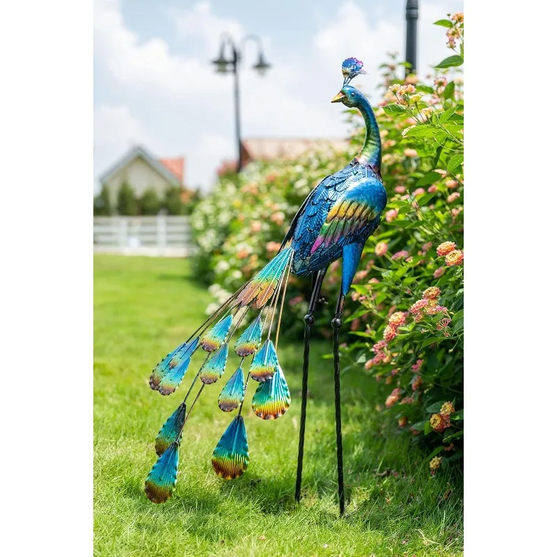 Outdoor Decor Peacock Yard Art Garden Sculptures & Statues,Blue Large Metal Bird Lawn Ornaments,