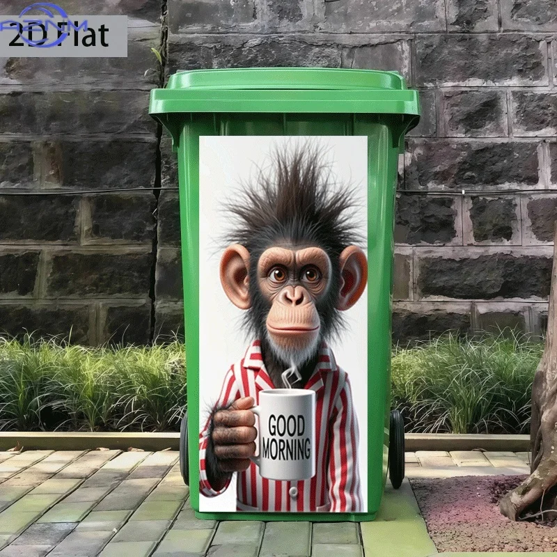 [2D Flat Printing] 1pc 2D Pattern Printing Kitchen Trash Can Sticker X inch Cute Monkey Good Morning Time Theme Kitchen Home D
