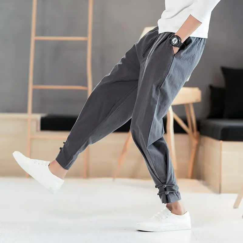 Retro Chinese Style Cotton and Linen Trousers for Men Loose Buckles Tying Feet Harun Casual Pants