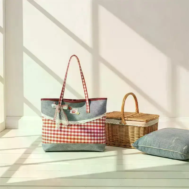 Denim Canvas Tote Bag Red Gingham Patchwork Lace Bow Design Fashion Aesthetic for Women Birthday Gift Daily Use