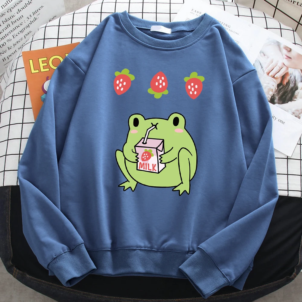 Casualwomens Pullovers Green Frog Who Loves Drinking Strawberry-Flavored Milk Print Hoodies Loose Sweatshirts Warm Fleece Tops