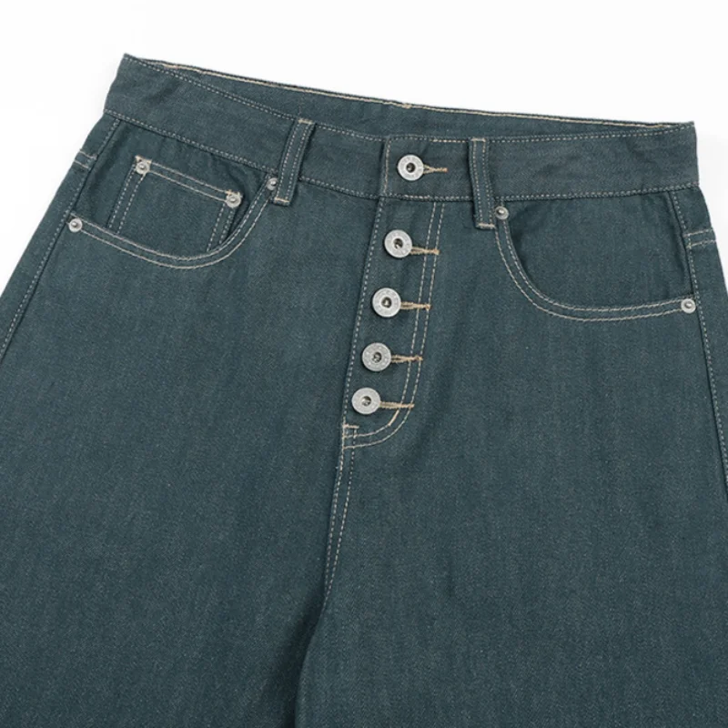 MWJLPWQ Cleanfit Solid Color Denim Trousers Men Trendy Street Button Placket Straight Jeans Unique Loose Wide-Leg Pants 17551