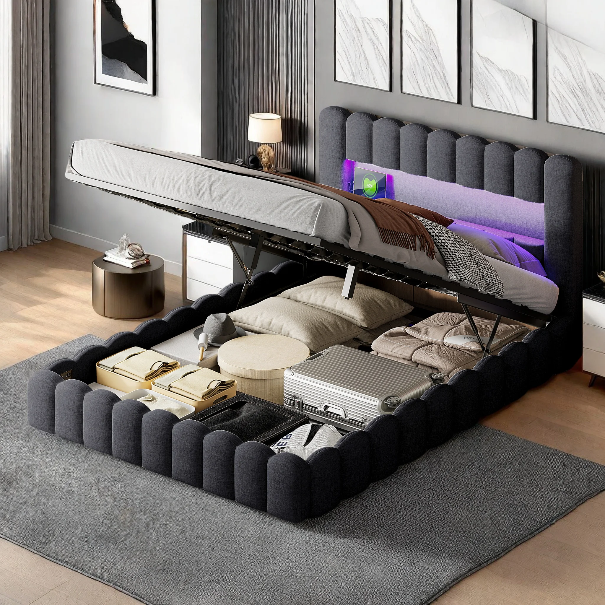 Rosahqnda Polsterbett (140/160/180*200cm) Doppelbett mit Stauraum, LED- und USB-Anschluss, Stauraum, Kopfteil, Bettgestell, Leinen