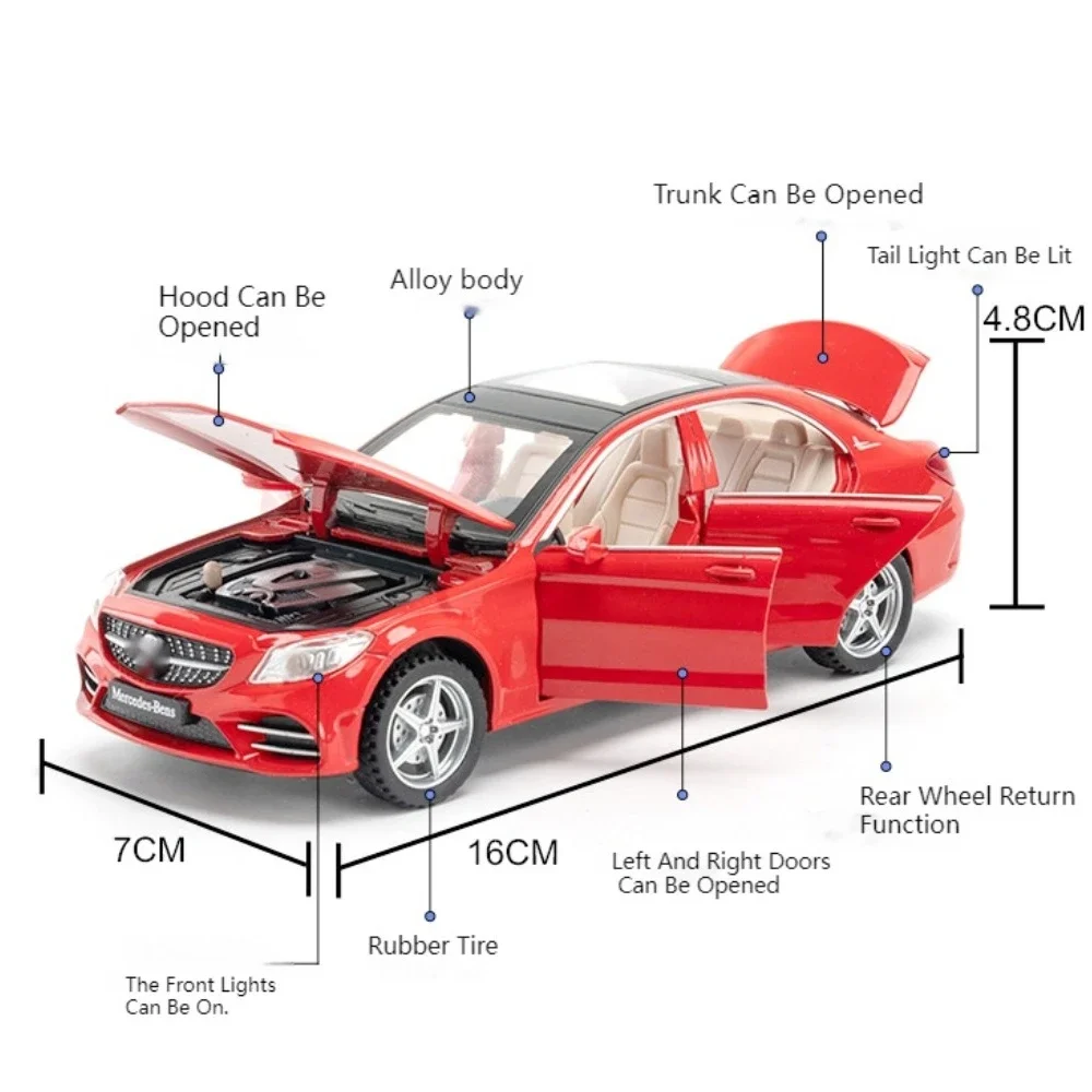 1:32 Benz C260L Automodell Spielzeug Druckguss Legierung Miniaturfahrzeug 6-türig geöffnet Sound Licht zurückziehen Gummireifen Modell Geschenk für Jungen
