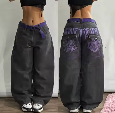 American Retro Letter Embroidered Washed Jeans Women Y2K New High Street and High Waist Loose Fashion Joker Straight Mop Pants