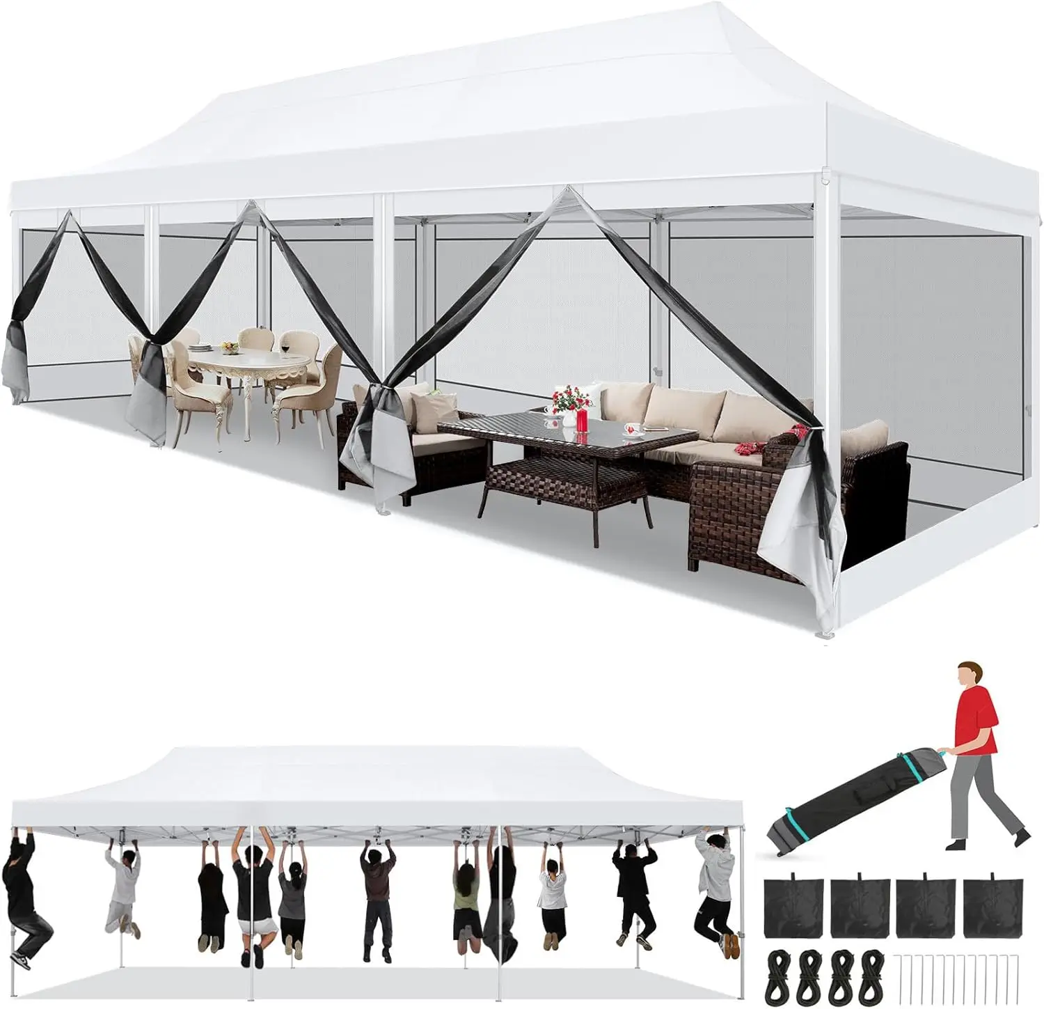 TOOLUCK 10x30 Heavy Duty Pop Up Canopy Tent with 8 Sidewalls, Commercial Gazebo Party Tent with Mosquito Netting Wall Easy