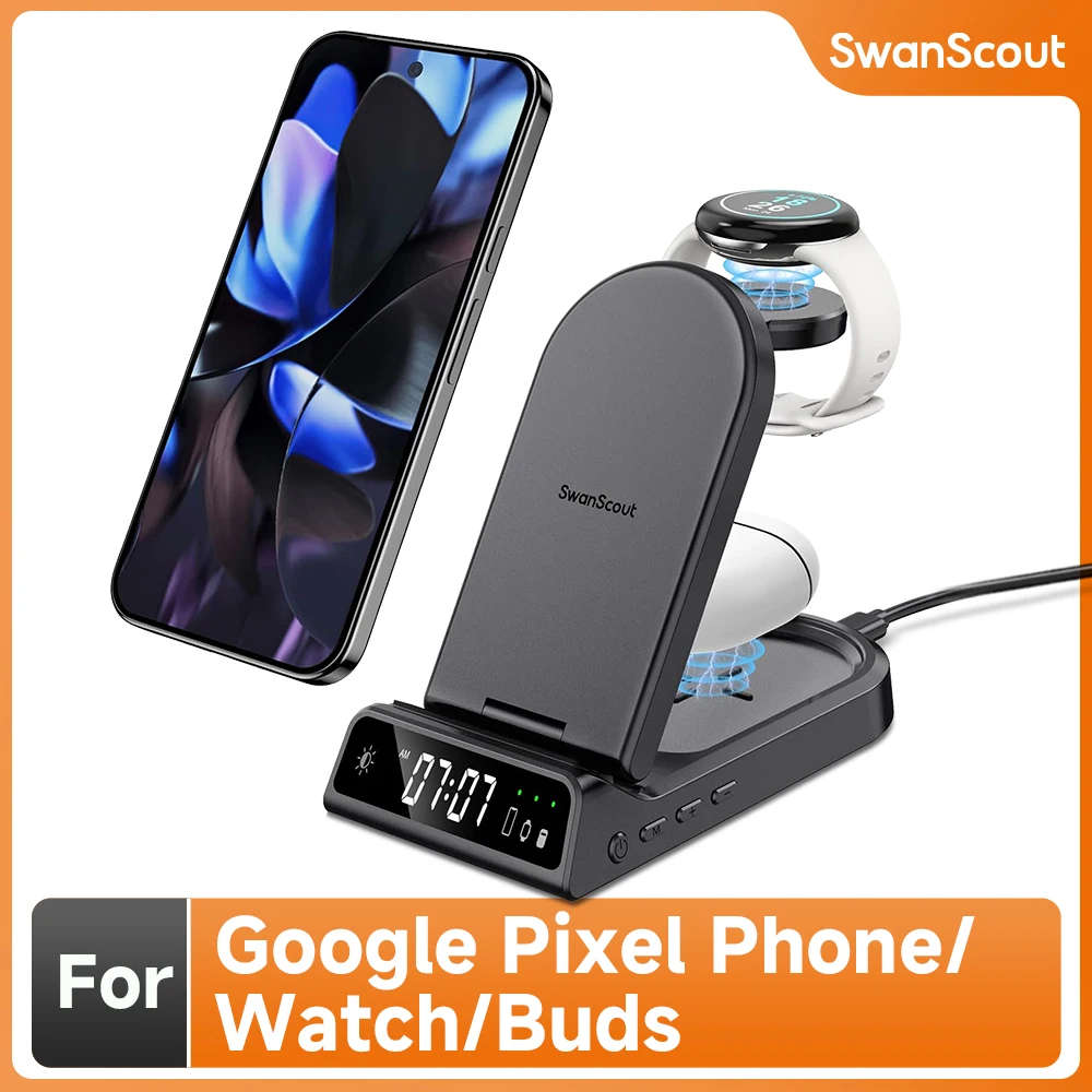 SwanScout 702G Charging Station for Google Pixel 9 Pro XL 8 8A 7 Z Flip 6 Wireless Charger for Pixel Watch 1 for Pixel Buds Pro