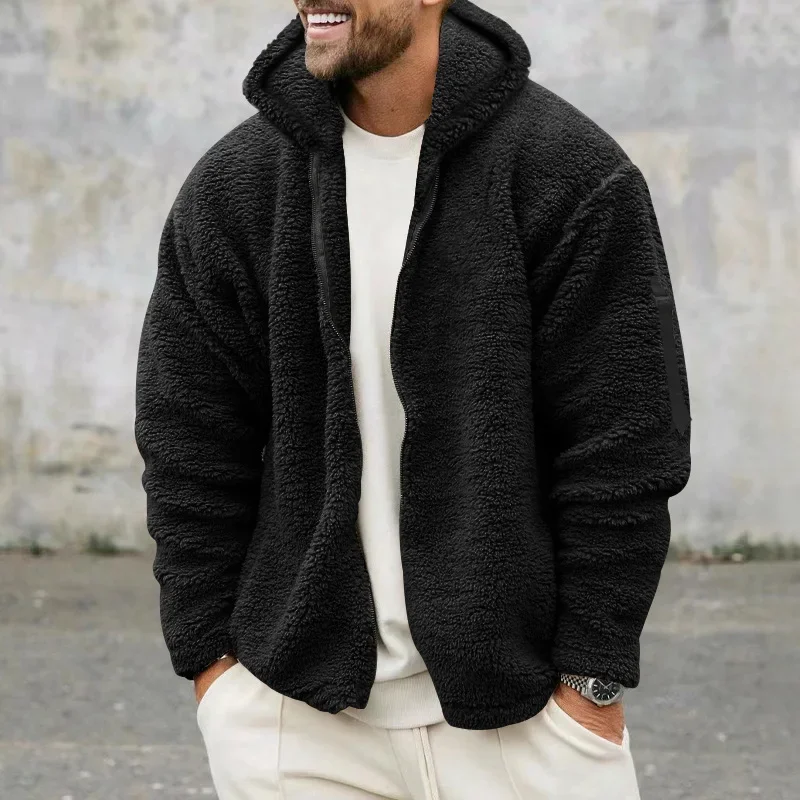 Men's Autumn and Winter Double-faced Fleece Warm Jacket Loose Hooded Casual Coat