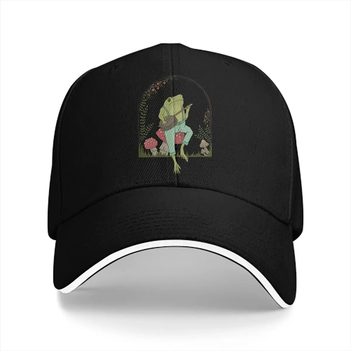 Frog Multicolor Hat Peaked Men's Cap Playing Banjo on Mushroom Personalized Visor Protection Hats