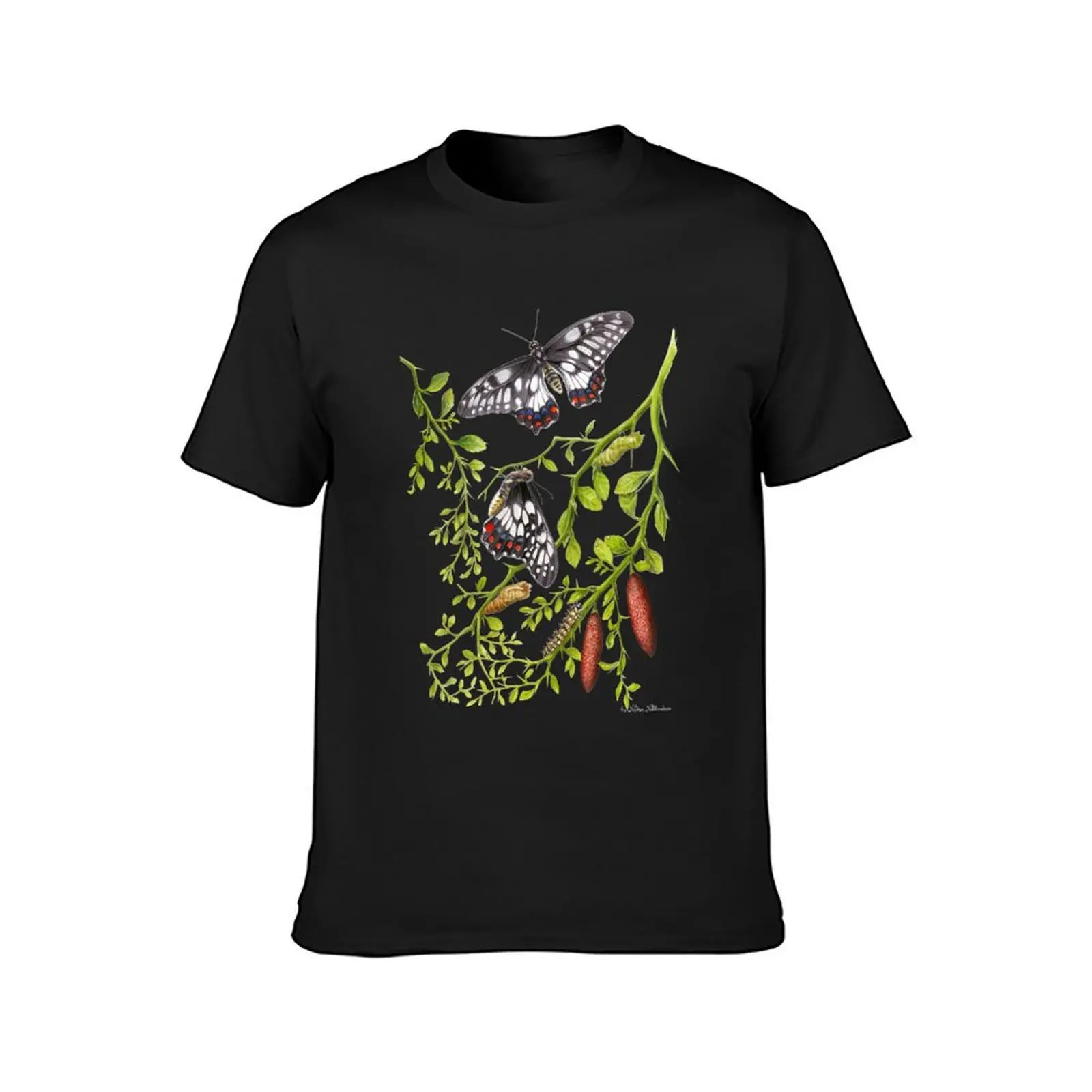 Dainty Swallowtail Butterfly Life Cycle on Native Lime - Dark Background T-Shirt Blouse oversizeds workout shirts for men