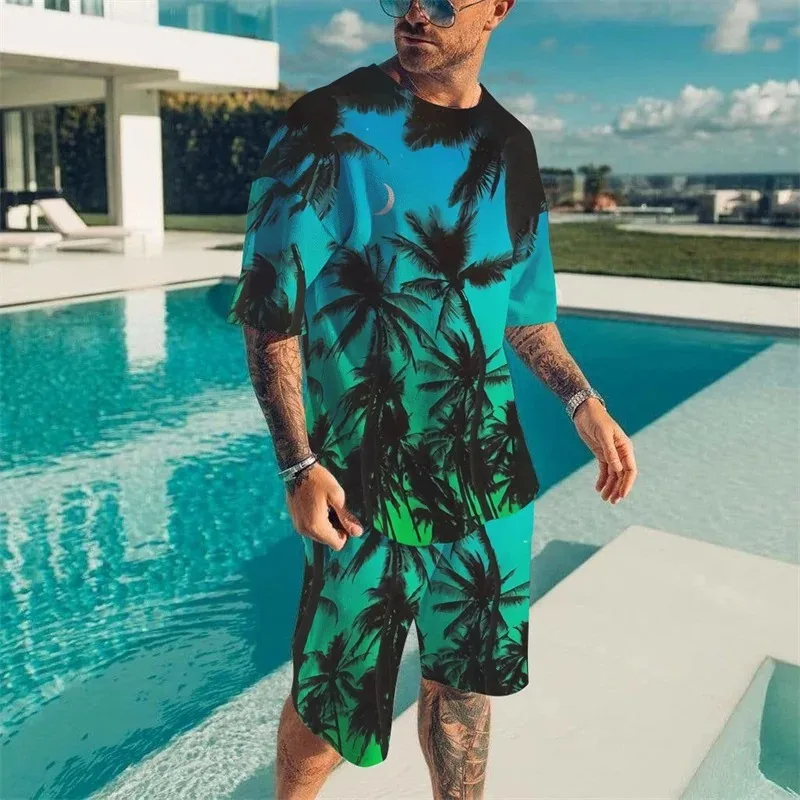 2025 Summer Beach T-shirt Shorts 2-piece Set Retro Casual Top Street Set 3D Printed Graffiti Style Hawaiian Men's Set