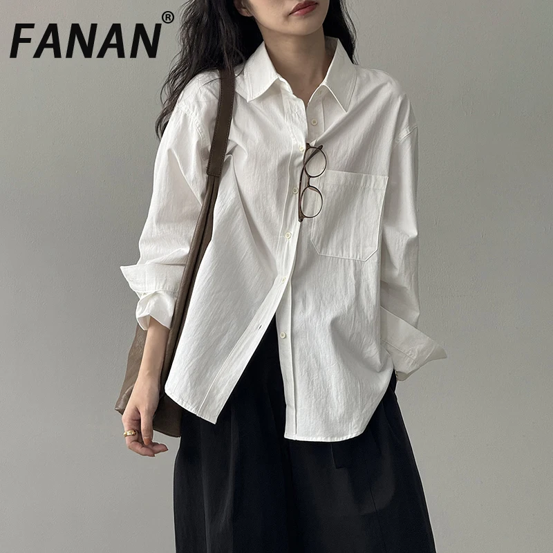 

FANAN минимализм, рубашки с длинными рукавами, женские однобортные офисные женские блузки с лацканами, модные однотонные топы, женские осенние новинки 2023 г.