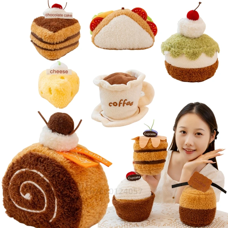 

Creative Afternoon Tea Series Plush Biscuit Red Velvet Cake Doll Decor Cherry Leaf Cake Toy Dessert Chocolate Birthday Gift