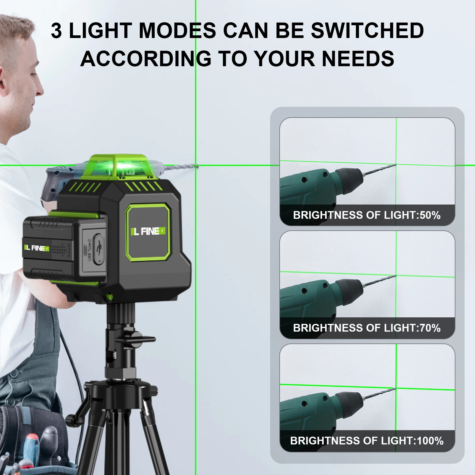 LFINE 5 Lines Professional Laser Level automatic 360° Self-Leveling Green Cross Line Laser with Horizontal Vertical Beam Tools