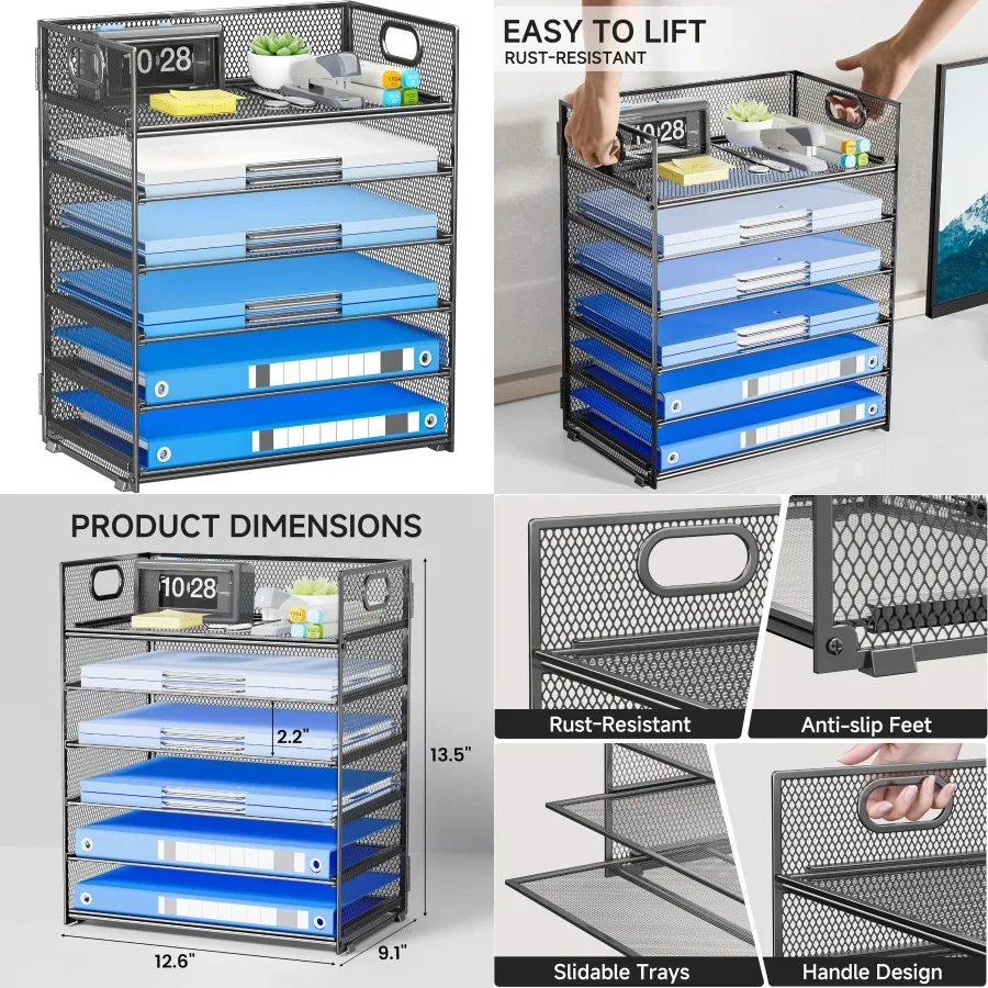6-poziomowy organizer na dokumenty z uchwytem, siatkowy, do efektywnego sortowania i przechowywania papierów w biurze lub domu, szary
