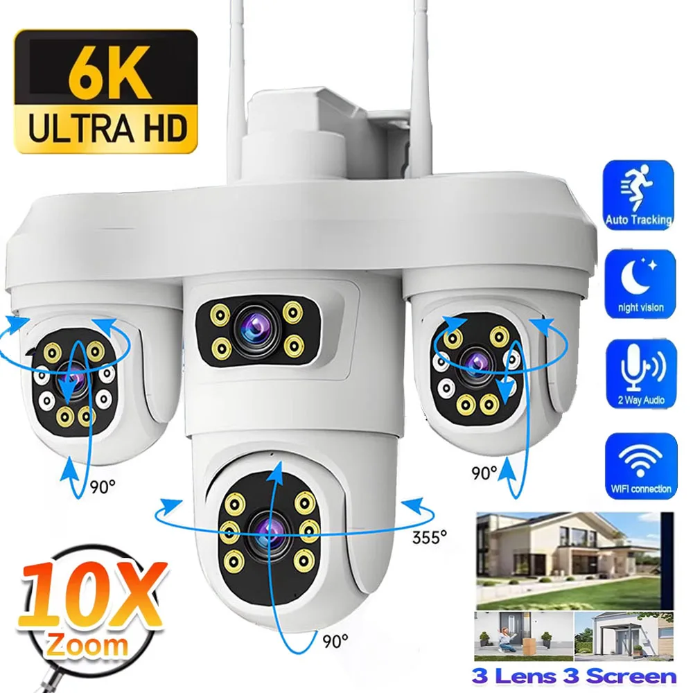 6K  WiFi IP Camera 3‑Lens Outdoor 360° View Color Night Vision Human Detection 2‑Way Audio Wireless CCTV Surveillance Cameras
