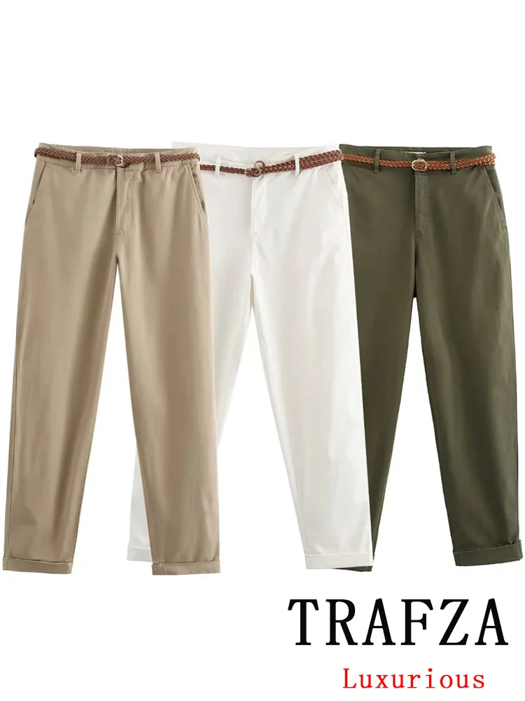 TRAFZA Casual Chic Vintage Women Pants Solid Sashes Pockets Zipper Straight Pants Fashion 2024 Autumn Office Lady Trousers