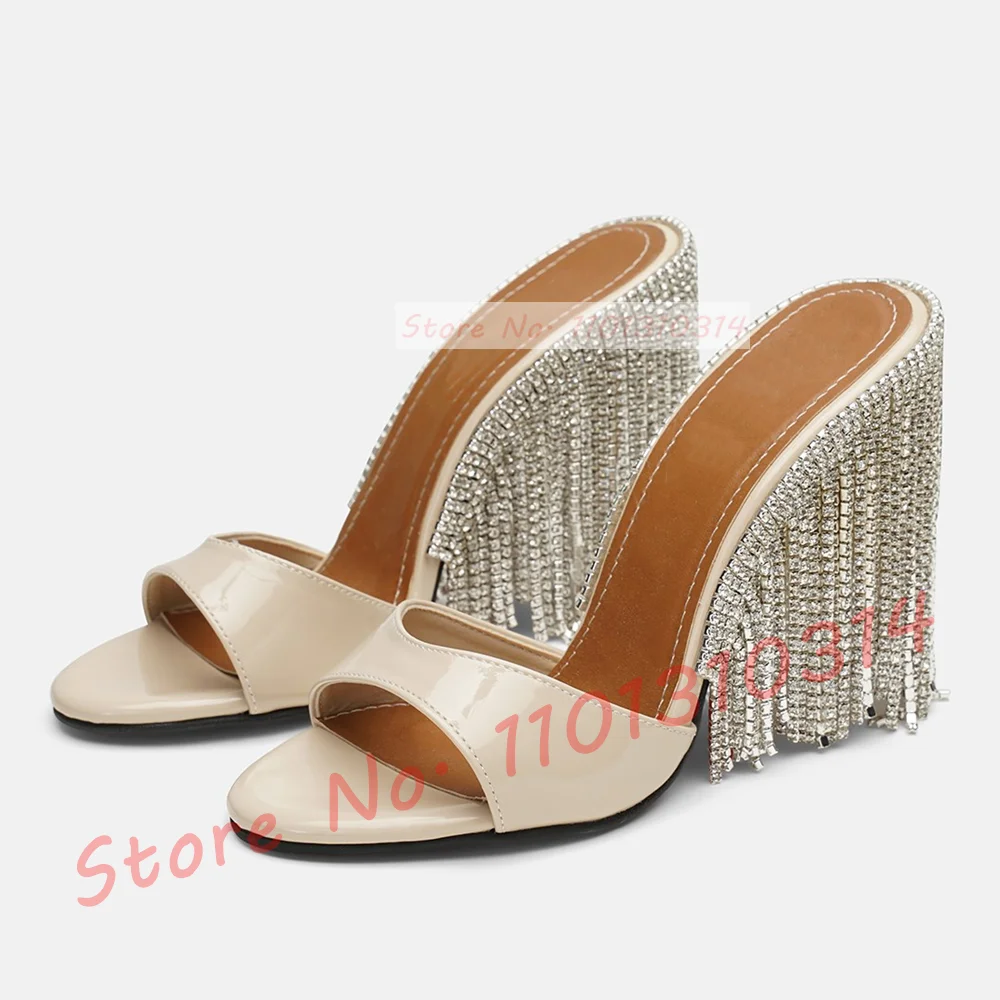 Crystal Tassels High Heels Slippers Women Gorgeous Thin Heel Beige Patent Shoes Female Open Toe Summer Bling Chain Sexy Mules