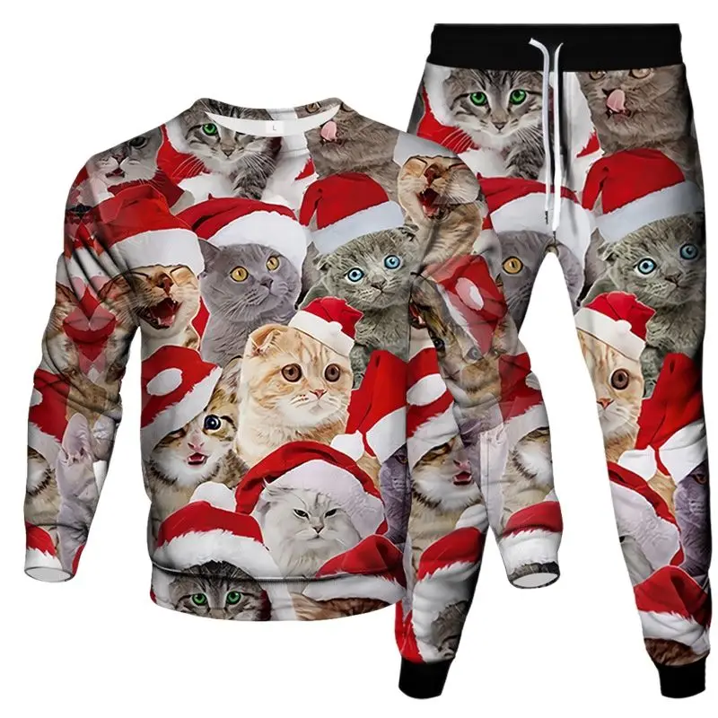 Christmas Animal Cat Snowflower Dog Bear Snowman Print Men Fashion Clothes Suit Sweatshirt Pants 2 Pcs Set Tracksuit Size S-6XL