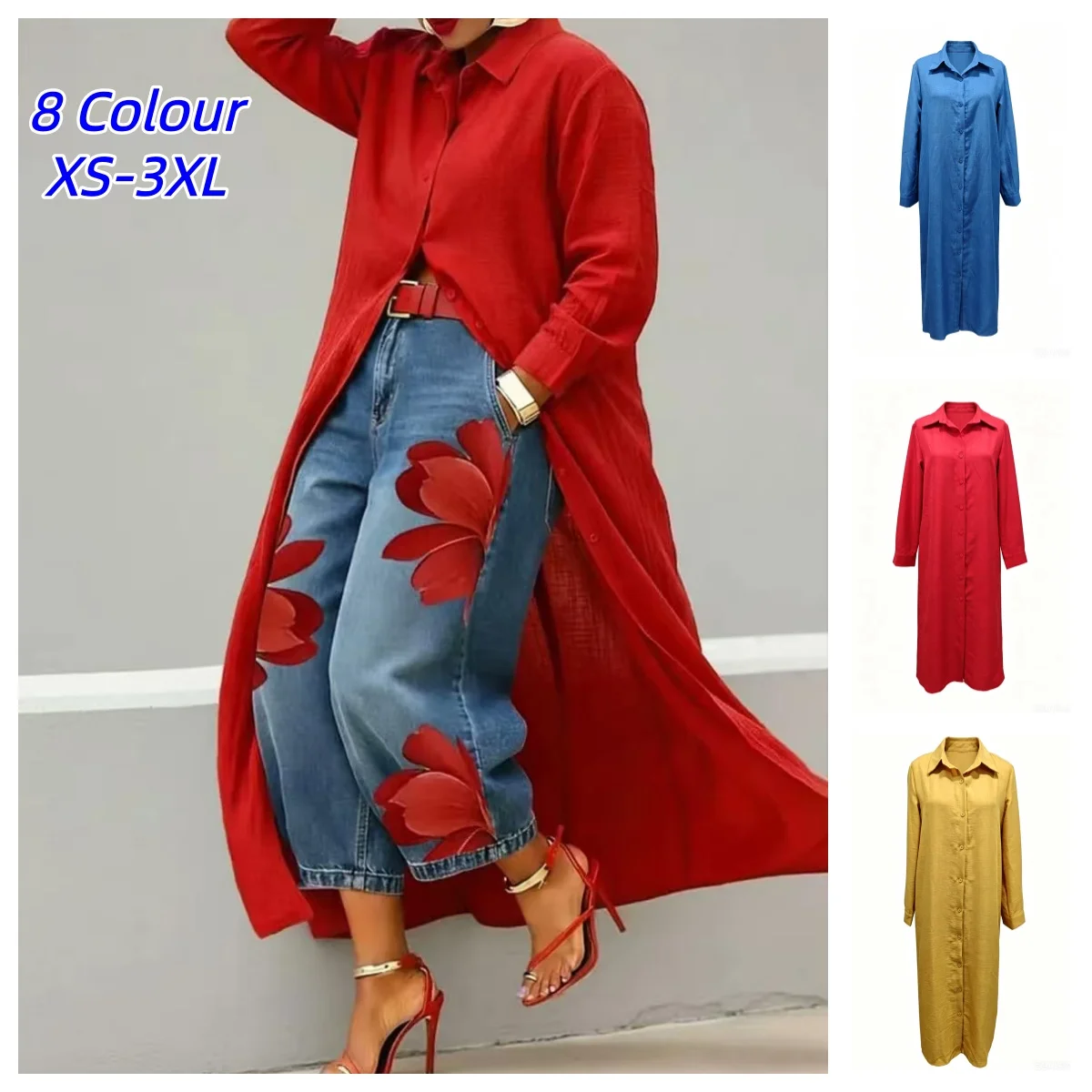 Image of Langarm-Bluse mit Umlegekragen, elegante, locker sitzende, einreihige Damenbluse, lässige, einfarbige, offene Strickjacke für den Alltag