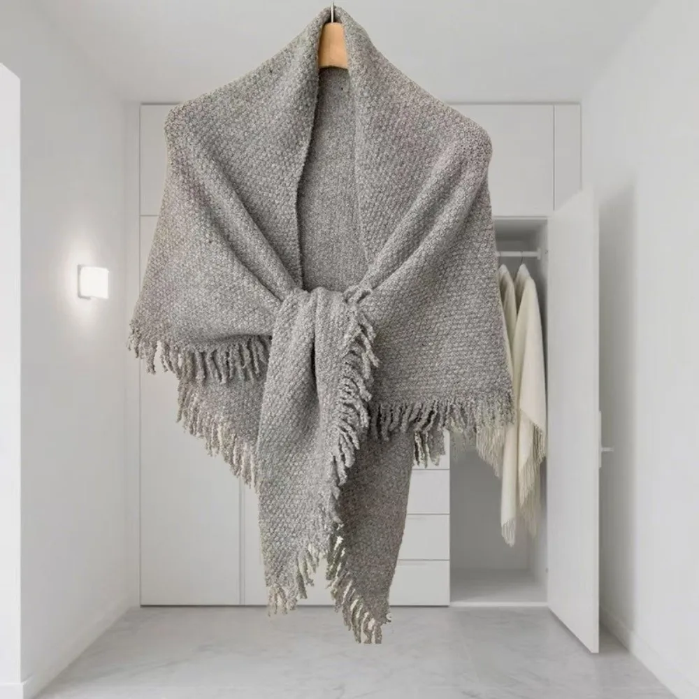 Wird nicht pillen, Wollmischung, dreieckiger Schal mit Fransen, warmer, gestrickter Schal, dekorativer, mehrfarbiger Wickelschal für Damen – Detail 6