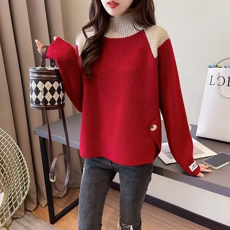 2023 Autumn and Winter New Women's Half High Collar Contrast Sweater Fashion Versatile Knitted Top Winter Women's Sweater