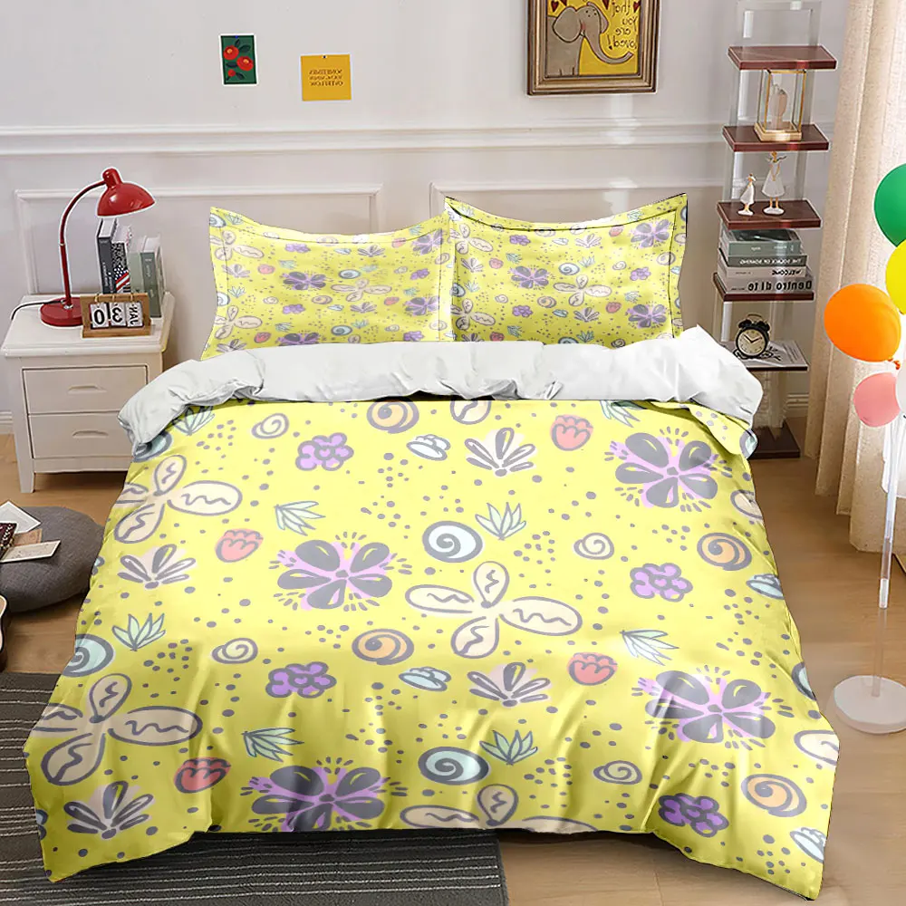 Colorful flowers with dot background Print Soft Comfortable Duvet Cover Bedding Set Included 1*Duvet Cover 2*Pillowcases