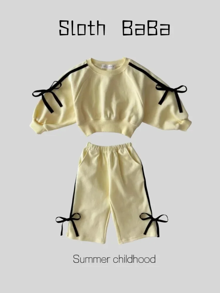 Childrens Sets Korean Long Sleeves Trousers Suit Autumn Sportswear Baby Girl Solid Cotton Bow Splicing Hoodie Two Piece Sets