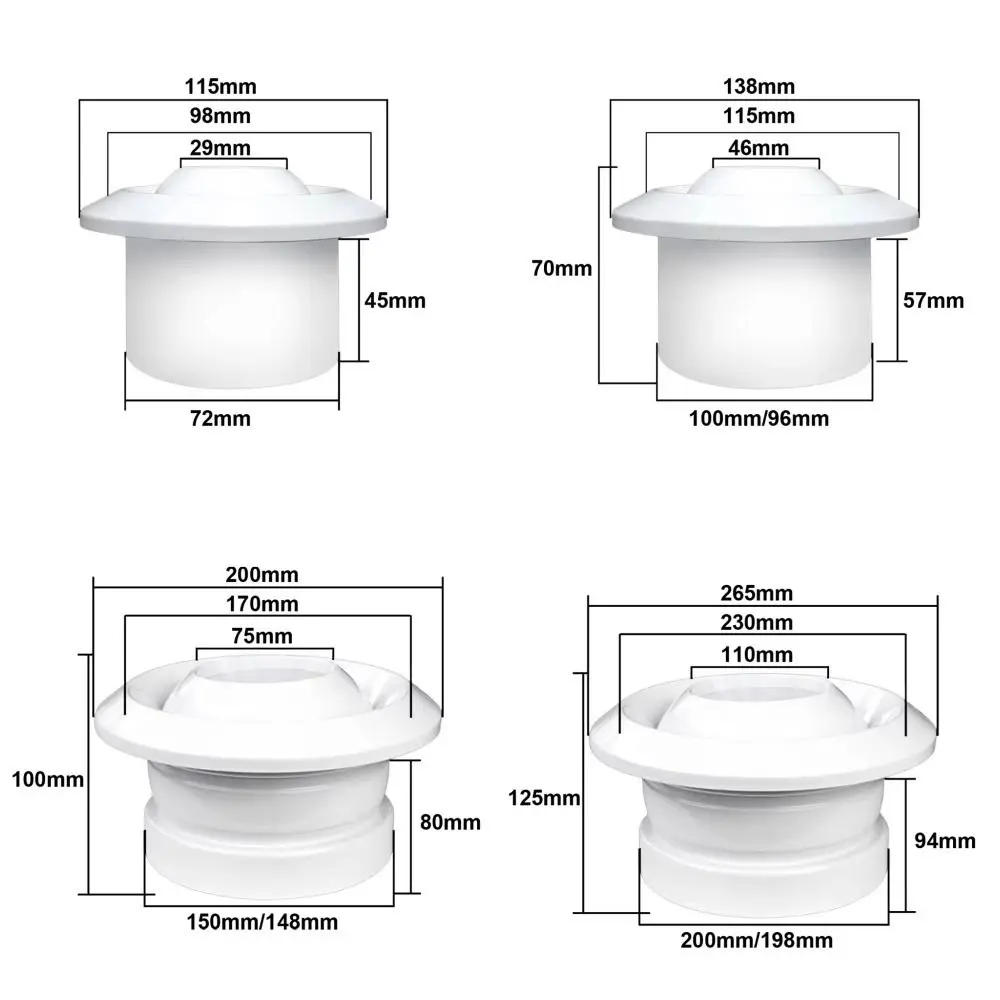 Válvula de saída do sistema de ar circular, bico esférico branco abs, ventilação de ar ajustável 75/100/150/200mm, saída de ventilação central, 1 peça