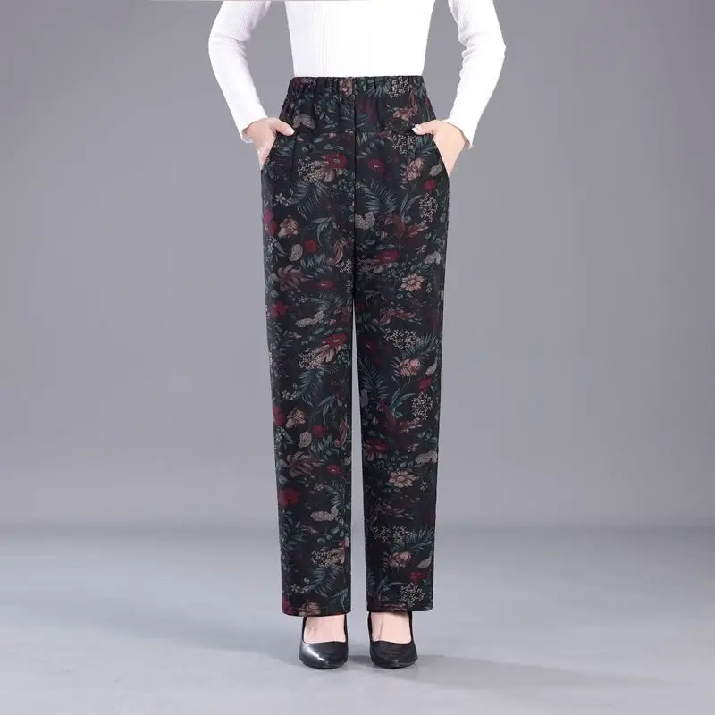 Womens Elastic High Waist Floral Print Straight Leg Casual Trousers