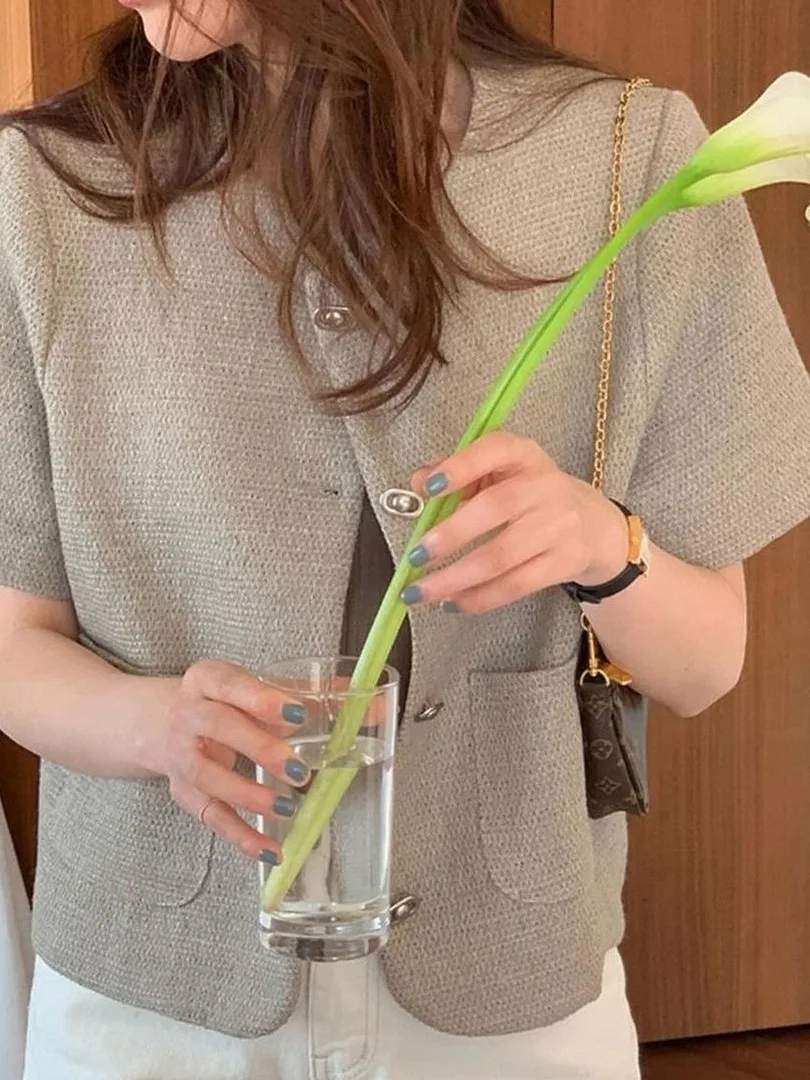Retro Chic Short Sleeve round Neck Single Button Coat Korean Style Women's Fashionable Shirt Elegant Atmosphere Outerwear