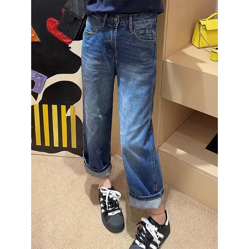 

Spring New Arrival Women's Retro Washed Straight Leg Jeans Slim Fit High Waist Loose Cotton Stretch Denim Nine Tube Pants