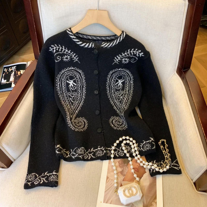 خمر طباعة سترة مشغولة من الصوف المرأة Harajuku اقتصاص سترة سوداء ملابس خارجية الكورية طويلة الأكمام تريكو الشتاء لاعبا جديد #2