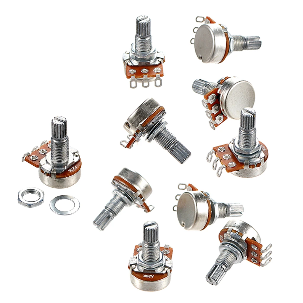 

10Pcs Guitar Bass Potentiometers Pots 3 Pins Split Shaft Rotary Audio Taper Potentiometers A20K