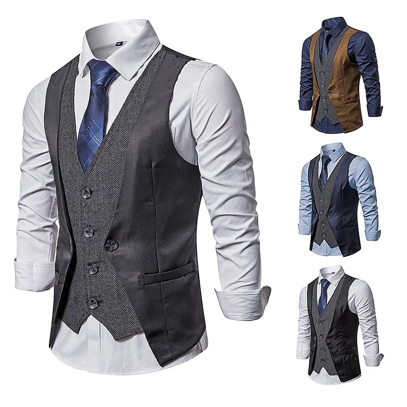 European Size New Men's Suit Vest Personalized Splicing Fake Two-piece Single Breasted Casual Vest