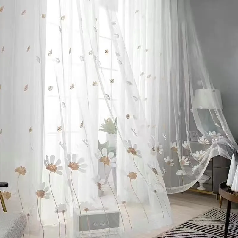 Embroidery Non Perforated Curtain White Yarn Transparent Balcony Living Room Bedroom Window Finished Partition Curtain ZG931