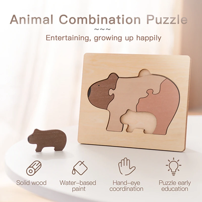 Wooden Montessori Toys Cartoon Animal Jigsaw Puzzle Baby Shape Recognition Toy Tangram Jigzaw Cognitive Wood For Children Kids