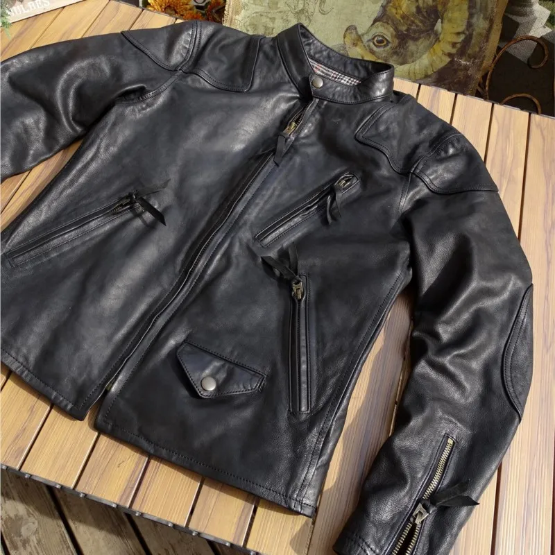 

All-vegetable-tanned leather heavy-washed aged and wrinkled garment coat