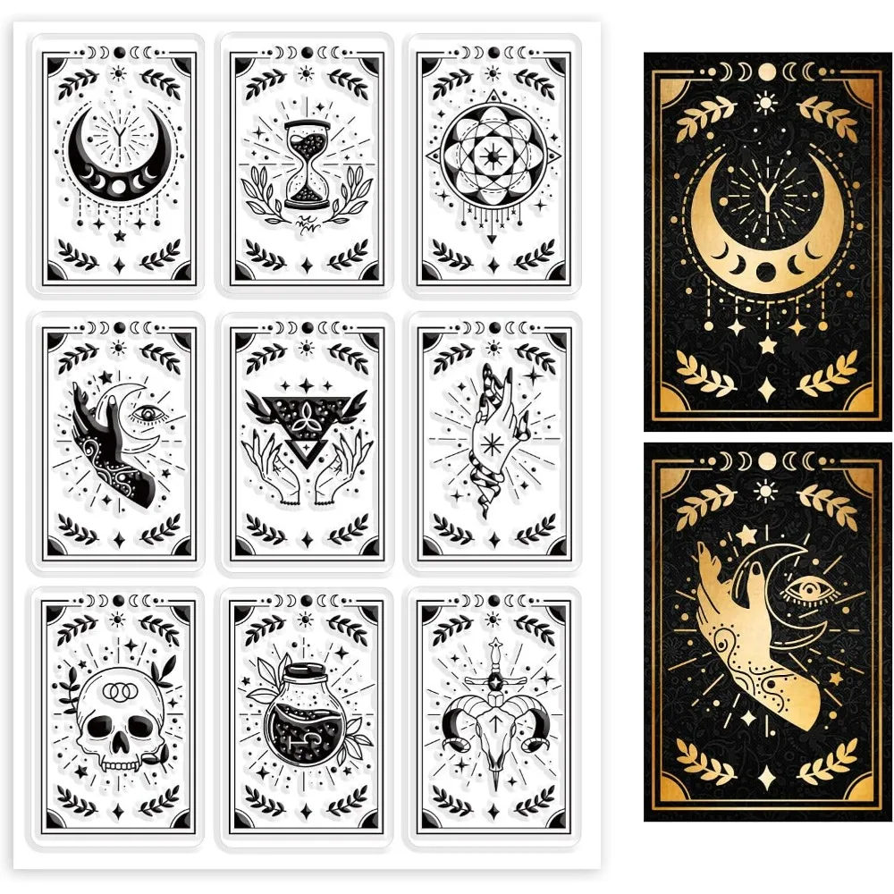 Magic Card Stamp PVC Plastic Clear Stamps Witch Theme Stamps Gothic Goat Horn Potion Moon Eyes Skull Hourglass Timer for DIY