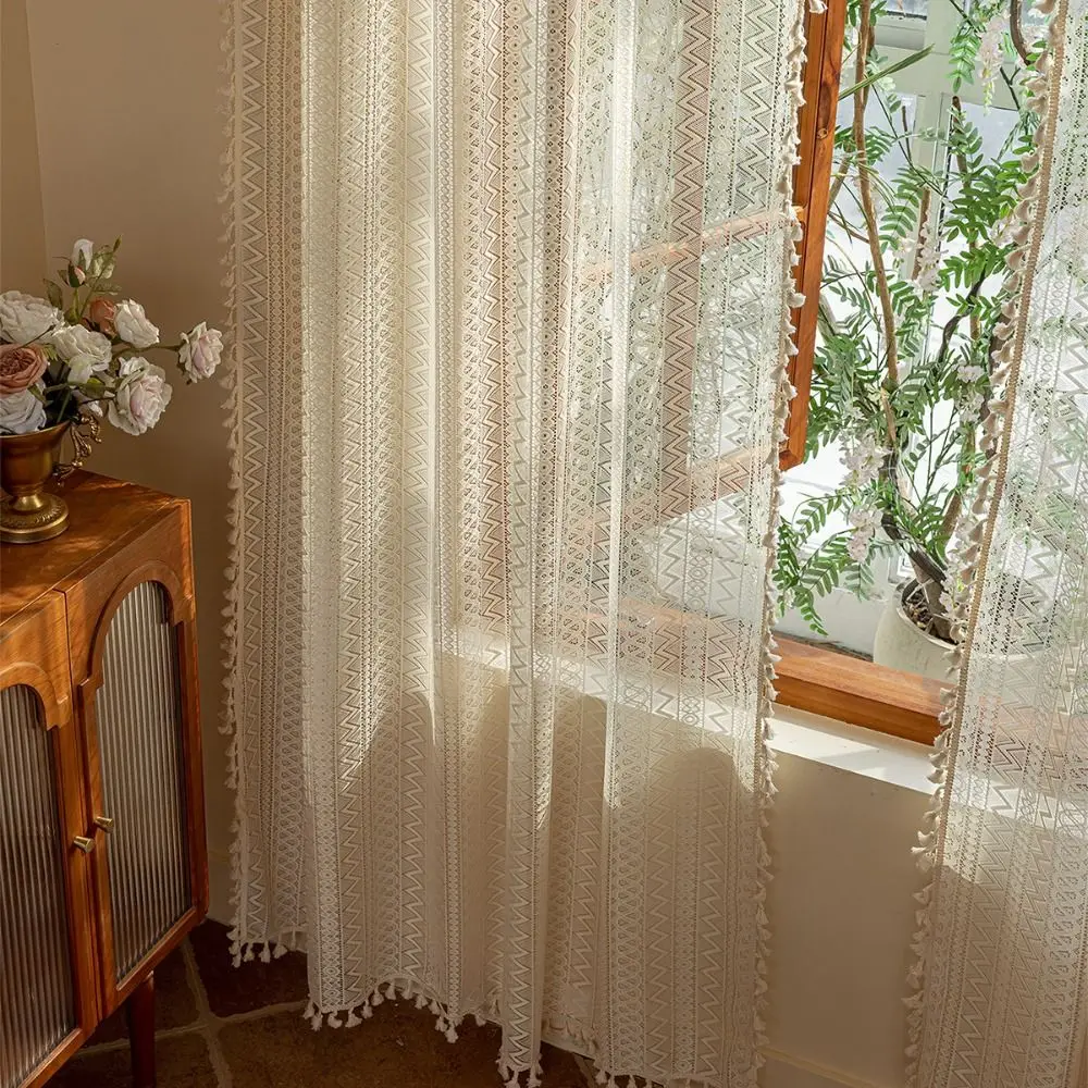Pastoral Style 140m Lace Window Screening Boho Style Hollow Lace Tassels Curtain Blackout Curtains Home Decor