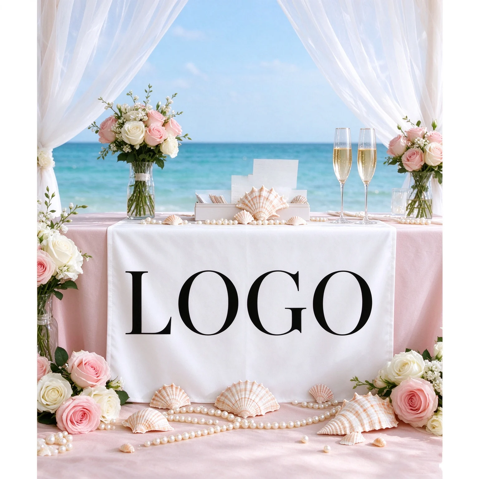 Custom-made branded tablecloths and table skirts featuring personalized logo printing—an ideal choice for trade show booths, eve