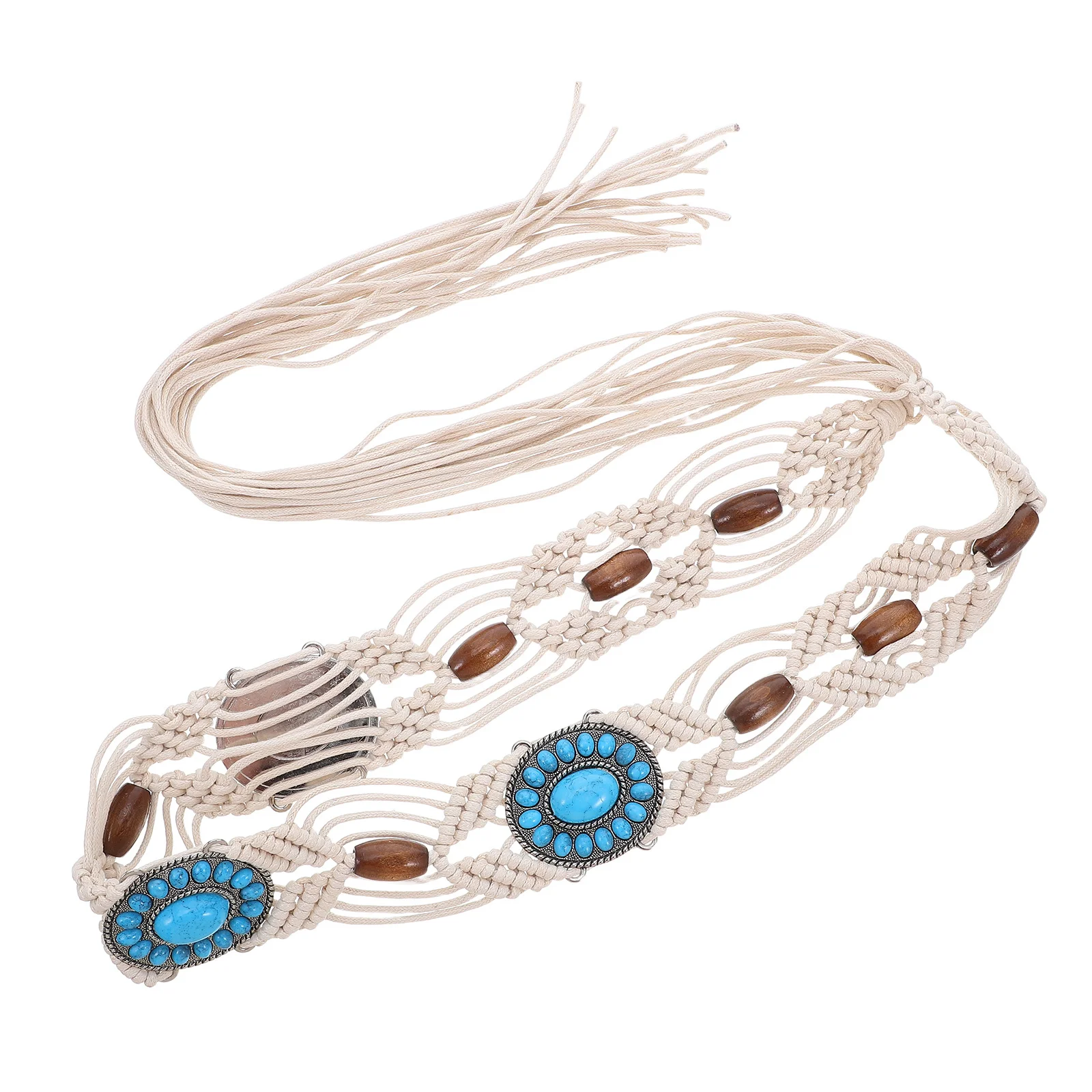 

Bohemian Style Braided Waist Belt for Women Handwoven Adjustable Knot Faux Turquoise Beads Dress Waist Belt Party Accessories