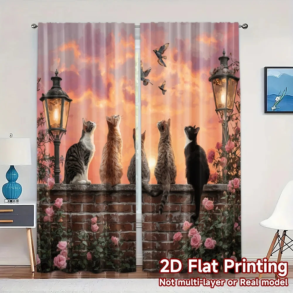 2pcs, 2D FLAT PRINTING Curtains (Without Rod) CatGardenTwilight Light Filtering Modern Curtains Versatile 100% Polyester