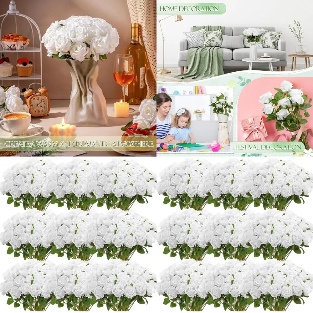 

100 искусственных белых шелковых роз на длинных стеблях для букетов, украшения столов и домашнего декора