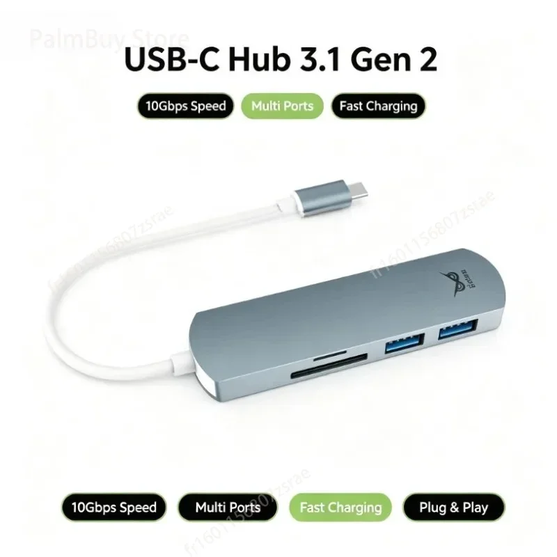 Adaptateur multiport USB-C 3.1 Gen2, transfert de données à haute vitesse 10 Gbps, lecteur de cartes SD et TF USB 3.0, station d'accueil avec charge rapide PD pour ordinateurs portables et ordinateurs de bureau.