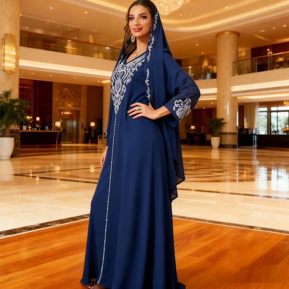 

Рамадан Мусульманское женское платье-хиджаб с вышивкой Абая Дубай Кафтан Femme Musulmane Vestidos Eid Islam Gulf Jalabiya Marocain Caftan